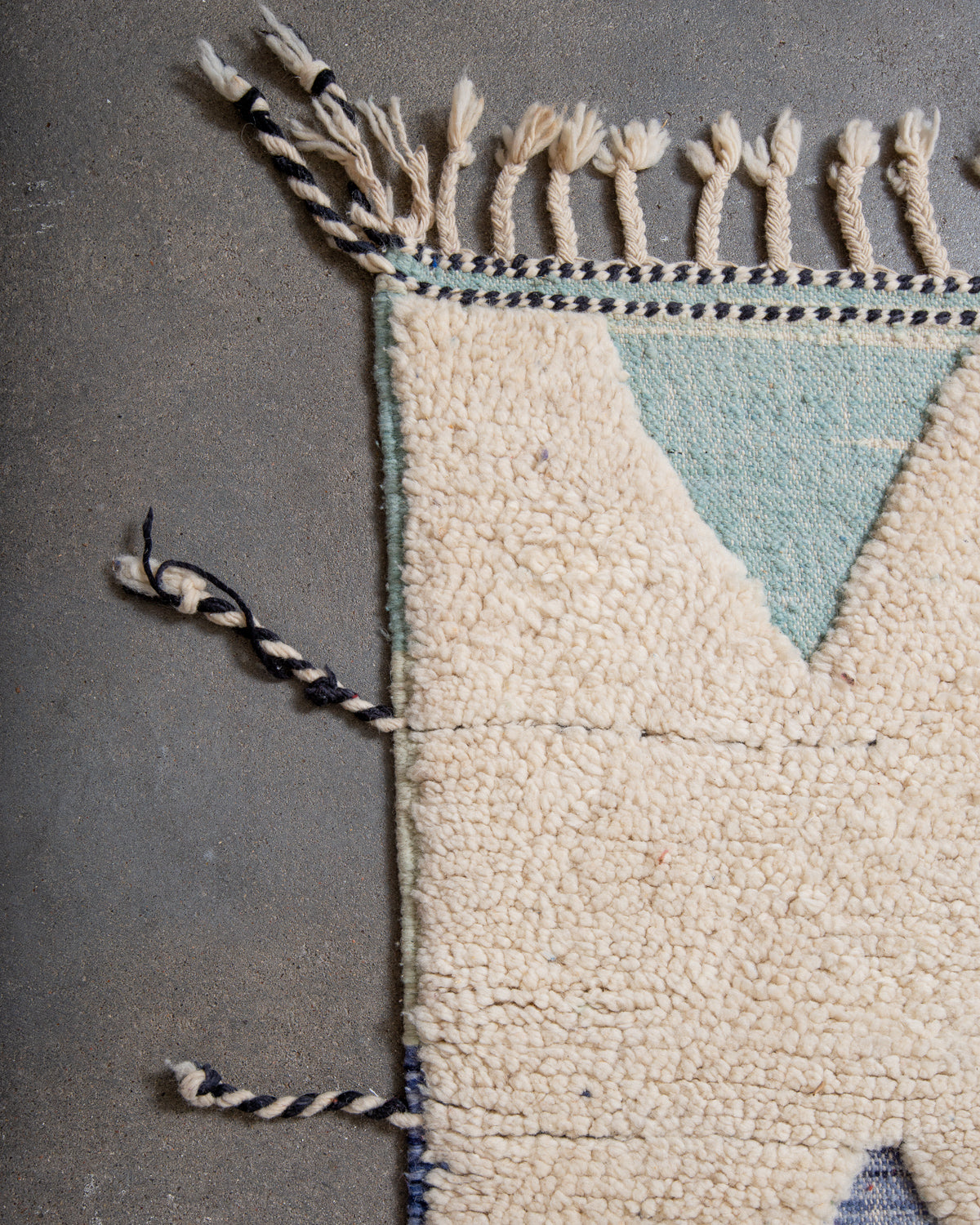 Modern, designer, handcrafted Berber rug from Morocco. Beniourain carpet with beautiful colours and patterns and fluffy wool texture.